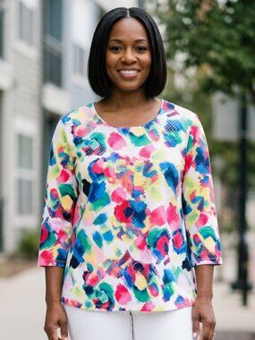 Allison Daley Petite Large Tunic Multicolor Brush Strokes 3/4 Sleeve Rhinestones